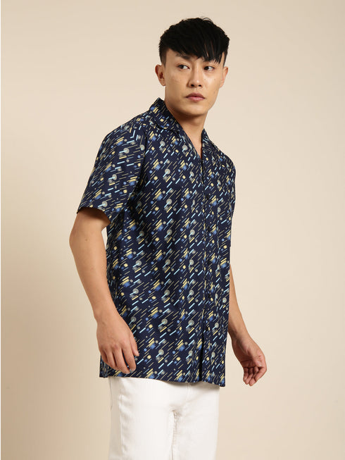 Navy Blue Printed Short Sleeves Shirt